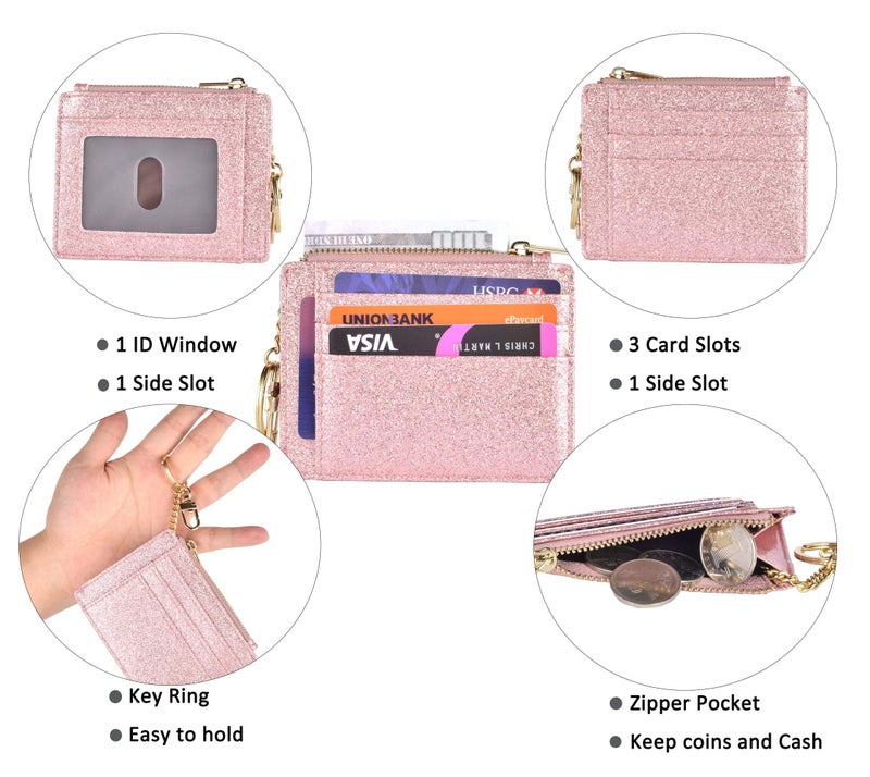 woogwin Slim RFID Credit Card Holder for Women Mini Front Pocket Wallet Purse With Keychain(starRosegold) - Image 4